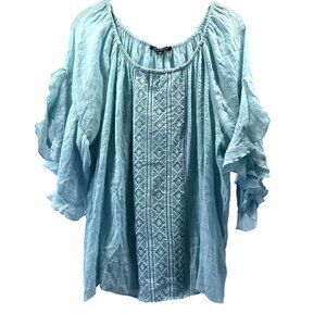 Zac & Rachel Women's Top Blouse XL Blue Ruffle 3/4 Sleeve Crochet Bohemian Gauze
